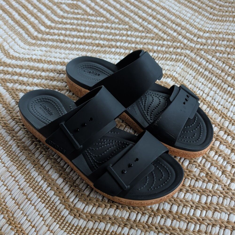 Crocs Black Brooklyn Cork Buckle Low Wedge Sandals Size 9